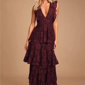 Lulus Molinetto Burgundy Lace Ruffled Tiered Sleeveless Maxi Dress